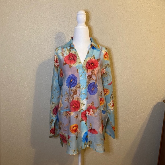 Umgee Turquoise Sheer Floral Blouse - Picture 2 of 11